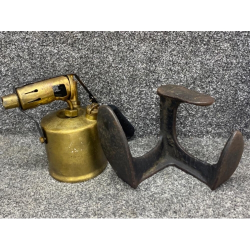 45 - Vintage brass “Optimus” paraffin blow torch & cast iron shoe last