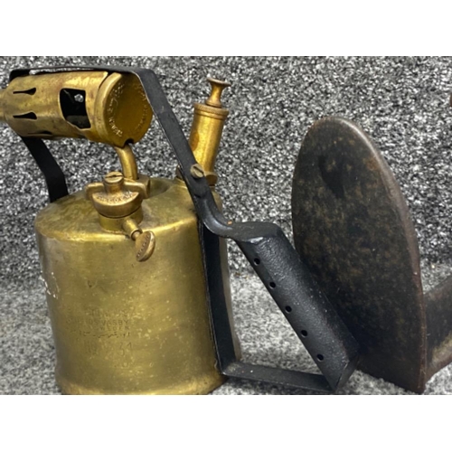 45 - Vintage brass “Optimus” paraffin blow torch & cast iron shoe last