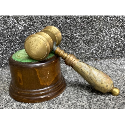 52 - Heavy brass & enamelled gavel with high plate