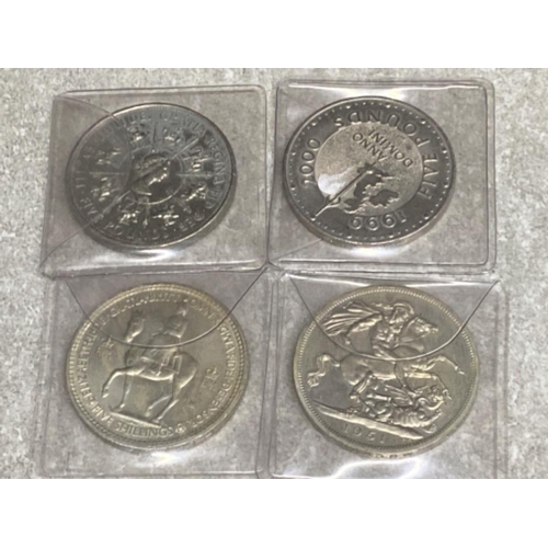 57 - Total of 4 crown coins includes 2 five shillings 1951 & 1953 plus 2 five pounds 1999 & 1993