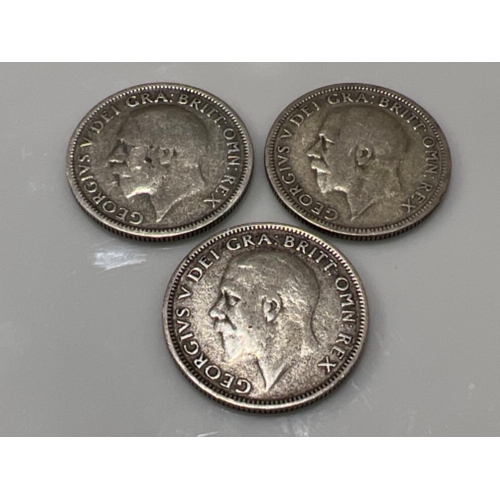 195 - 3 x George V silver one shillings coins dated (1927 & 2x 1928) - This will be available for collecti... 