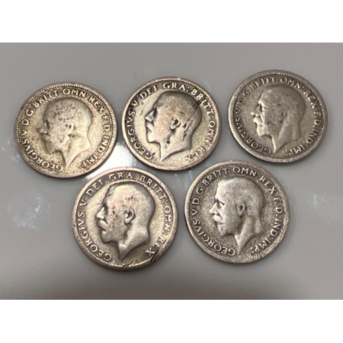 255 - 5 x George V silver six pence coins dated 1921-1933 - This will be available for collection from 27t... 