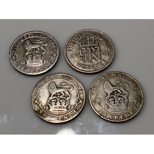 260 - 4 x George V and George VI silver six pence coins dated 1922-1939 - This will be available for colle... 