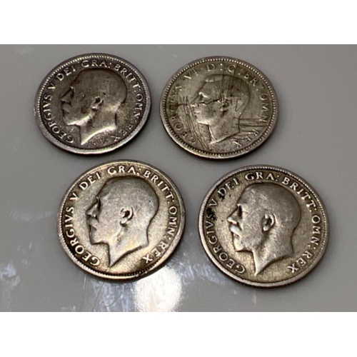 260 - 4 x George V and George VI silver six pence coins dated 1922-1939 - This will be available for colle... 