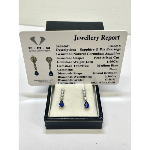 43 - 18ct WG Natural Sapphire & Diamond drop earrings - 1ct Sapphires & 0.30ct Diamonds - EDR Certified