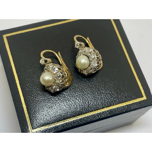 45 - Antique Edwardian Old Cut Diamond & Pearl Cluster Earrings with 18ct Gold Stems