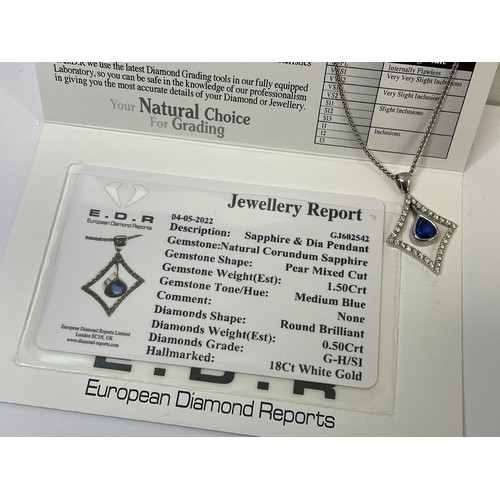 48 - 18ct White Gold Natural Untreated Sapphire & Diamond Pendant & Chain 1.5ct Natural Sapphire & 0.50ct... 