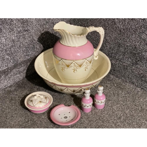 365 - Vintage Pink & white toilet bowl & jug set