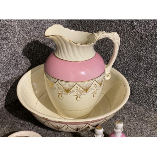 365 - Vintage Pink & white toilet bowl & jug set