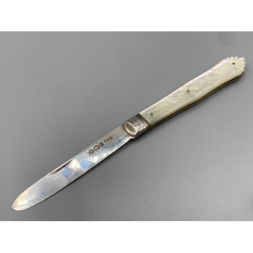 59 - Antique hallmarked Sheffield silver fruit knife dated 1895/1896 with mother of Pearl handle