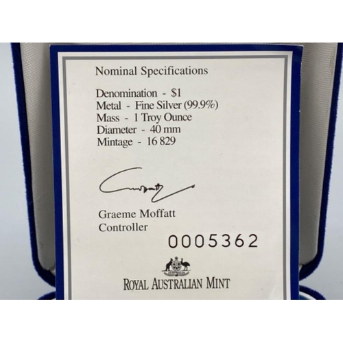 62 - Royal Australian Mint 1oz fine silver (99.9%) proof one Dollar coin in protective capsule, with orig... 