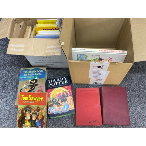 76 - 2 boxes of books including Ladybird & first Edition Harry Potter and the deathly hallows