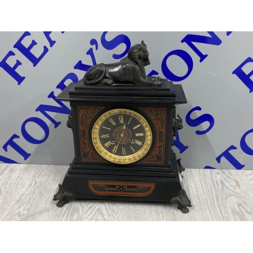 79 - Antique Egyptian Revival Empire Sphinx pharaoh marble French bronze mantle clock, with pendulum & ke... 