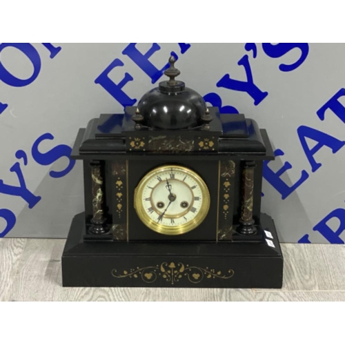 80 - French black slate mantle clock, Roman columns design