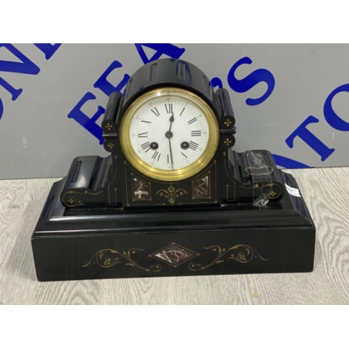 81 - French black slate mantle clock with key & pendulum