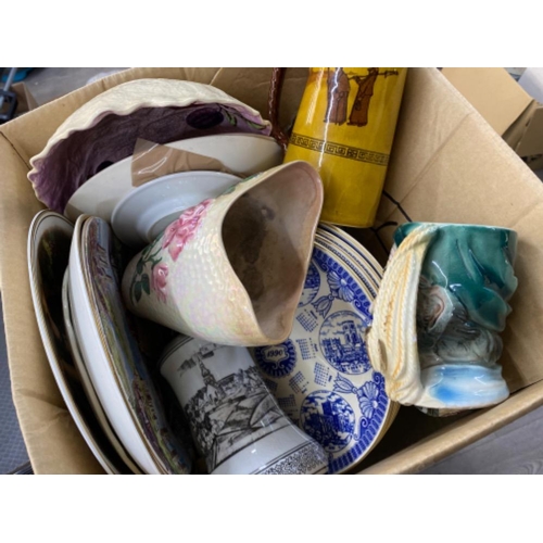 88 - Box of miscellaneous items includes Ringtons plates, Maling lustre vase, character jugs & Royal Doul... 