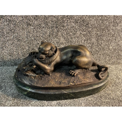 1 - 20th century bronze sculpture of panther and crocodile fighting on verde marble stand also signed at... 