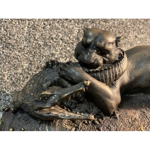 1 - 20th century bronze sculpture of panther and crocodile fighting on verde marble stand also signed at... 