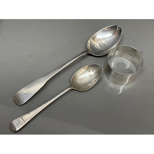 10 - Hallmarked Birmingham silver 1945 napkin ring & 1890 Victorian teaspoon plus 1 other silver spoon (h... 