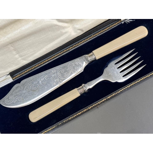 11 - Late Victorian 2 piece carving set, both with hallmarked Sheffield silver rims - dated 1905 & 1919, ... 