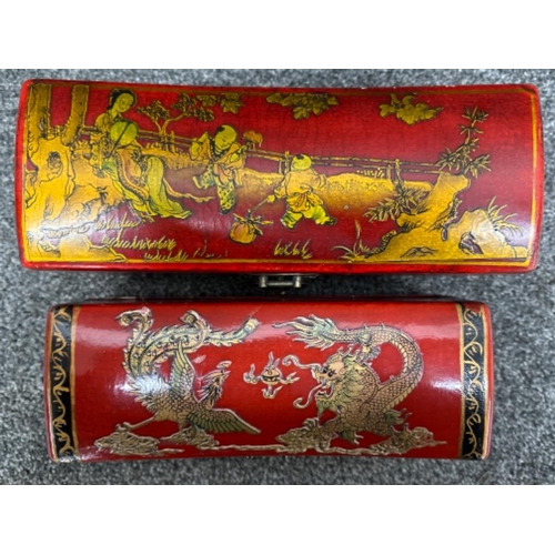 118 - 2x Chinese twin handled wooden & leather topped keepsake boxes, hand painted