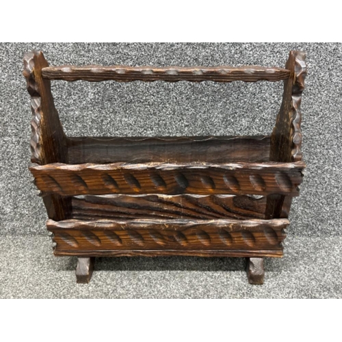 125 - Vintage hand carved wooden magazine rack