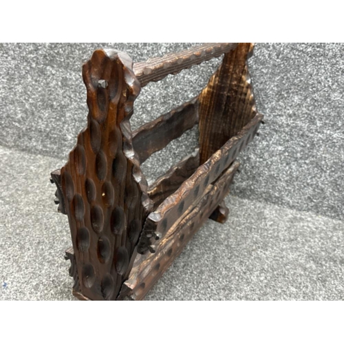 125 - Vintage hand carved wooden magazine rack