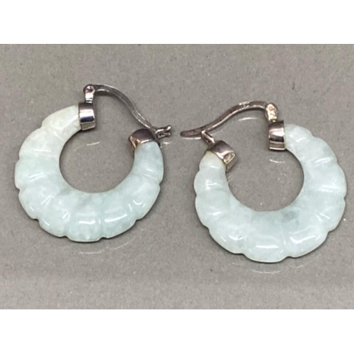 137 - Pair of Silver & jade hoop earrings