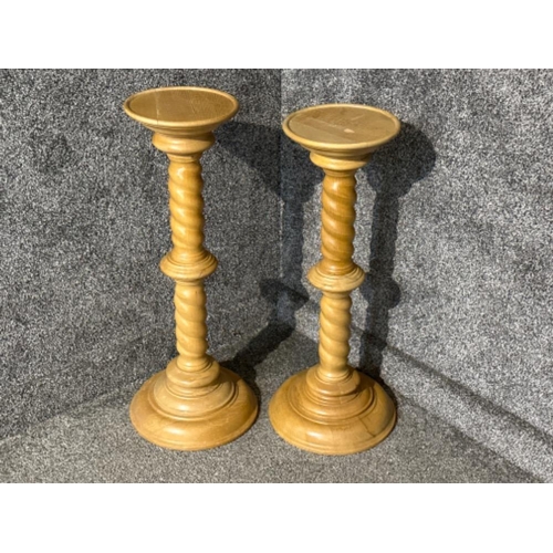 14 - Pair of wooden barley twist pedestal plant stands, heights 70cm & 72cm