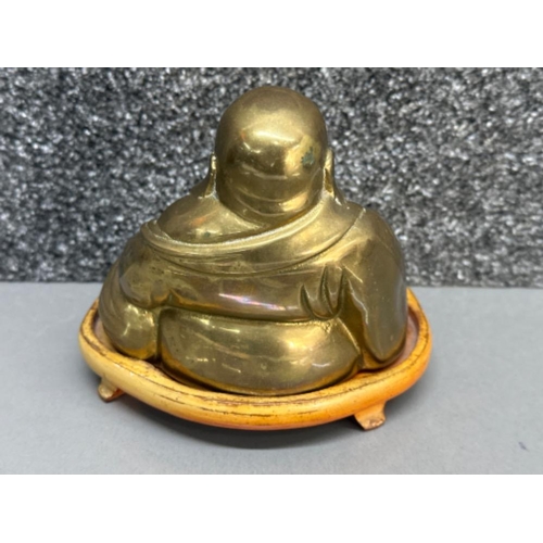 169 - Vintage heavy brass Buddha on wooden base