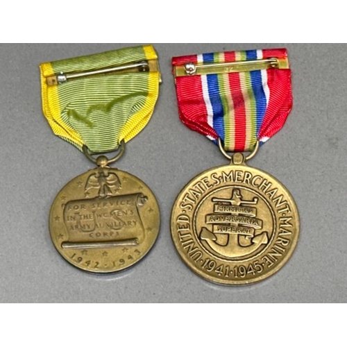 175 - 2x USA military medals includes the USA merchant marine 1941-45 & woman army corps, both with origin... 