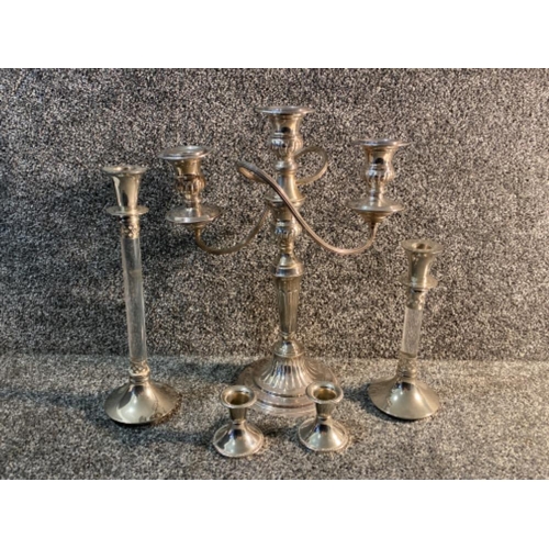 185 - Fine quality candelabra also including 2 stick candle holders and 2 miniature candle holders