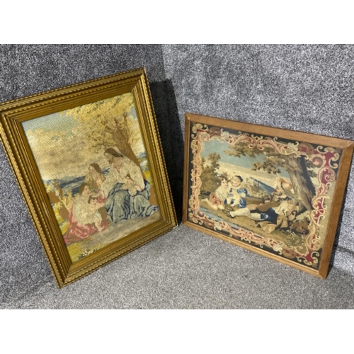 188 - 2x framed (1 in gilt) tapestries - lute player & family themed - 78x61.5cm - 57x69cm