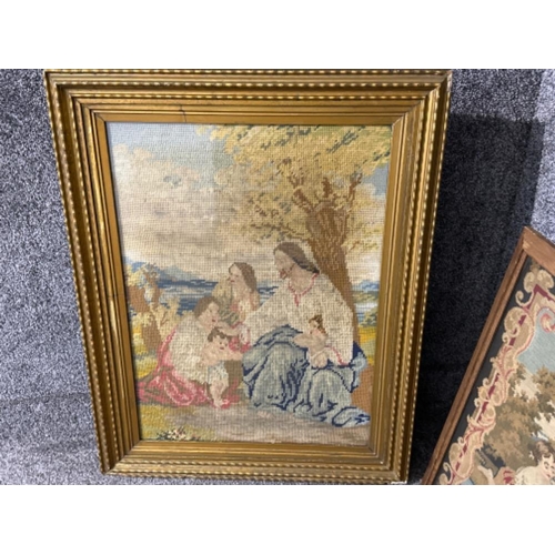 188 - 2x framed (1 in gilt) tapestries - lute player & family themed - 78x61.5cm - 57x69cm