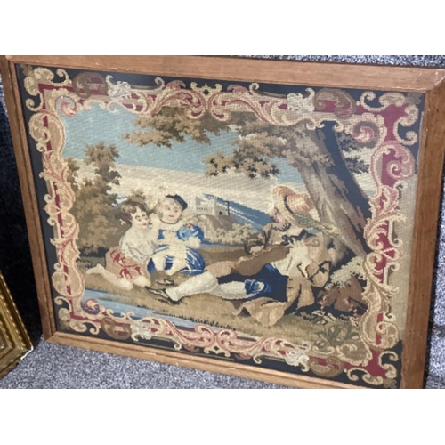 188 - 2x framed (1 in gilt) tapestries - lute player & family themed - 78x61.5cm - 57x69cm