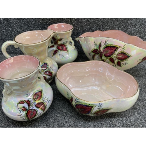 192 - 5 pieces of Maling lustre “Coleus pattern”, includes bowl, flower holder, jug & pair of vases