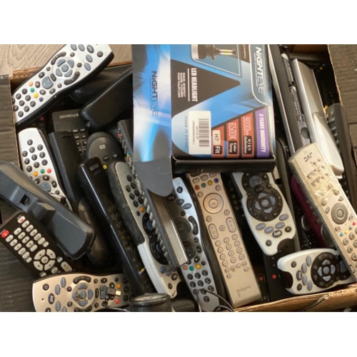 195 - 2 boxes containing multi bit screwdriver, Fujifilm camera, TV remotes etc