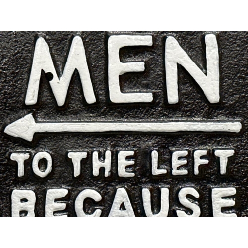 196 - Cast metal novelty toilet sign “Men to the left because woman are always right” 20x12cm