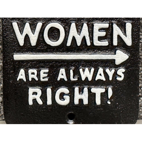 196 - Cast metal novelty toilet sign “Men to the left because woman are always right” 20x12cm