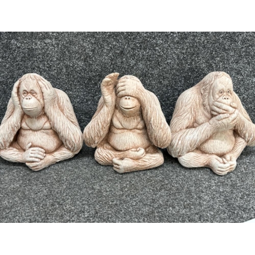 20 - Set of 3 wise monkeys stone garden ornaments (Orangutans) see, hear & speak no evil - H22cm