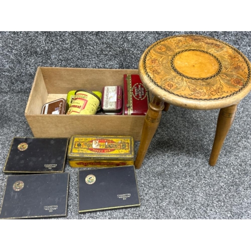 205 - Vintage wooden 3 legged stool together with miscellaneous cigarette, tobacco & toffee tins