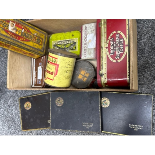 205 - Vintage wooden 3 legged stool together with miscellaneous cigarette, tobacco & toffee tins