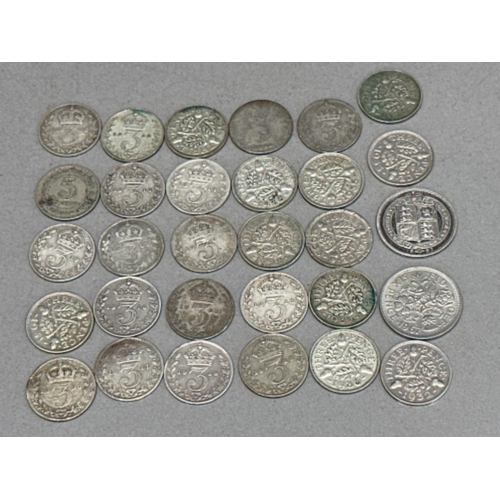 213 - Total of 30 British silver coins (mainly 3D/Three Pence coins)