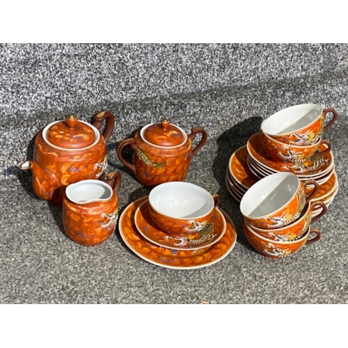 219 - Vintage dragon ware, kutani moriage, Geisha Lithophsne orange tea set