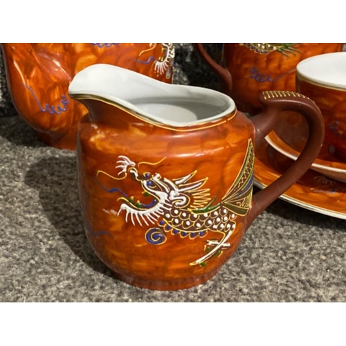 219 - Vintage dragon ware, kutani moriage, Geisha Lithophsne orange tea set