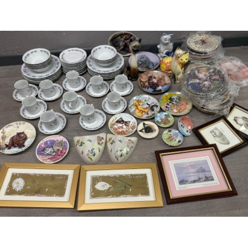 242 - Large box lot comprising of German tea/dinnerware, pair of Maling lustre wall pockets and cat themed... 