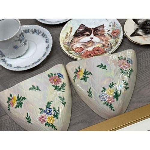 242 - Large box lot comprising of German tea/dinnerware, pair of Maling lustre wall pockets and cat themed... 