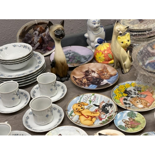 242 - Large box lot comprising of German tea/dinnerware, pair of Maling lustre wall pockets and cat themed... 