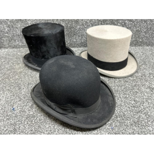 29 - 3x gentleman’s hats includes 2x top hats - Isaac Walton & Co and Moss Bros Covent Garden, (Bowler ha... 