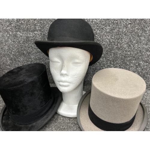 29 - 3x gentleman’s hats includes 2x top hats - Isaac Walton & Co and Moss Bros Covent Garden, (Bowler ha... 